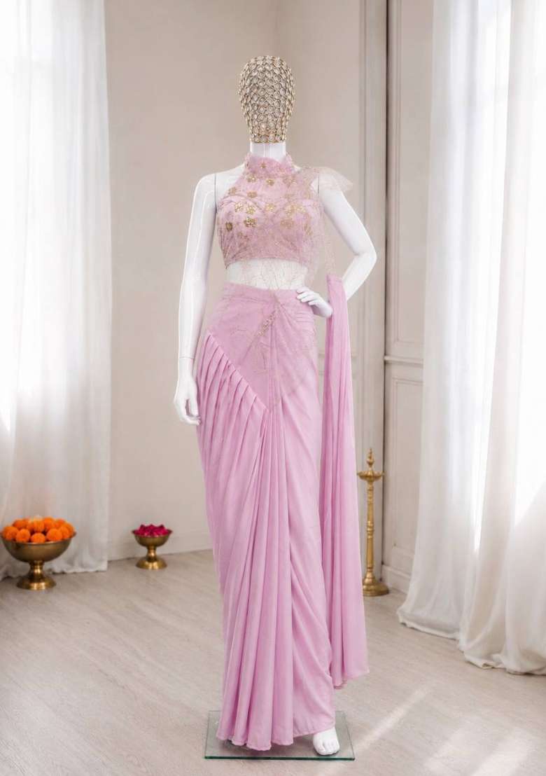 Pink Embroidery Silk Saree Set - Indya