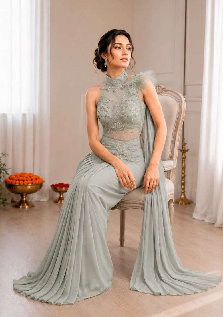 Grey Embroidery Silk Saree Set - Indya