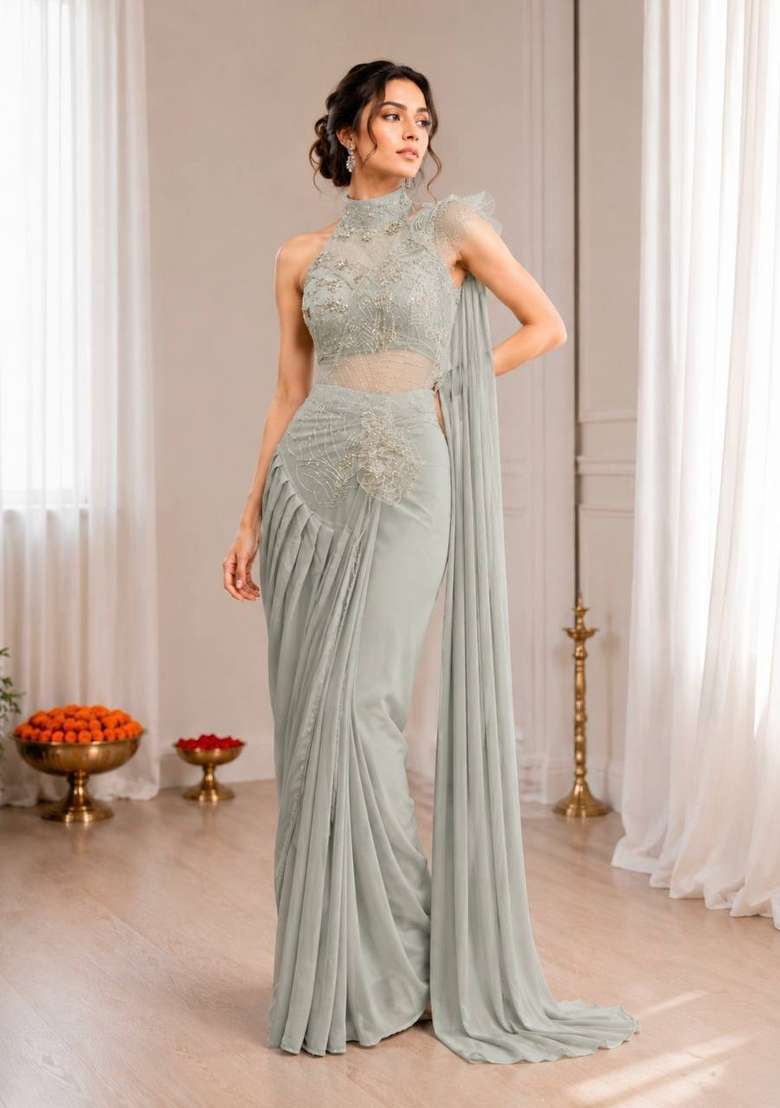 Grey Embroidery Silk Saree Set - Indya