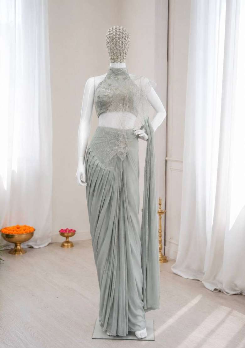 Grey Embroidery Silk Saree Set - Indya