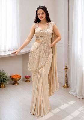 Off White Embroidery Silk Saree Set