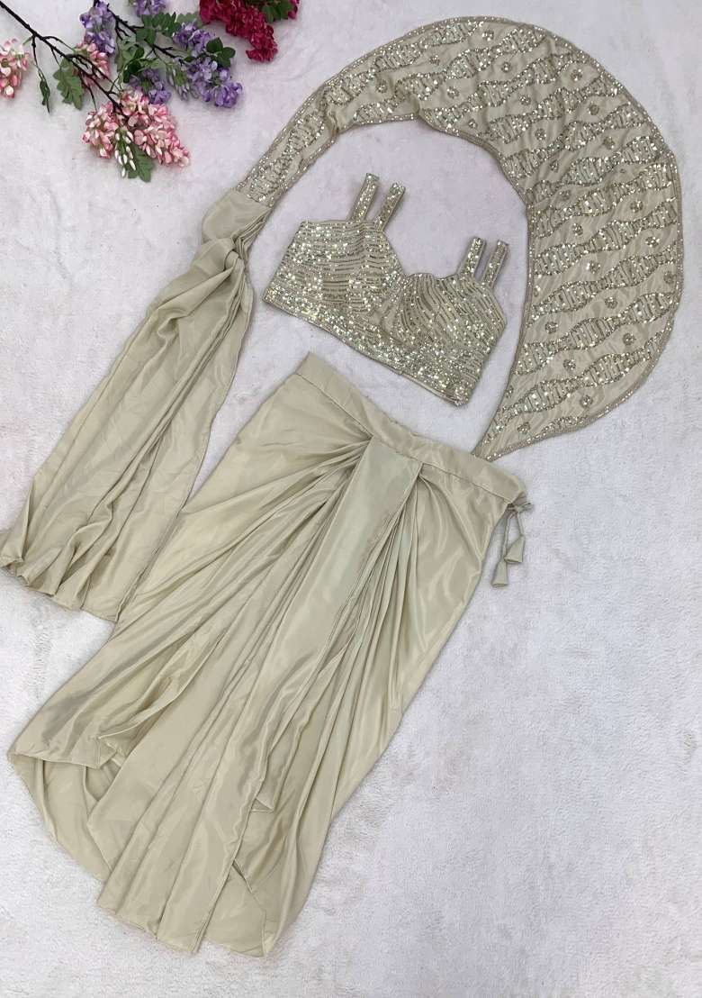 Off White Embroidery Silk Saree Set - Indya