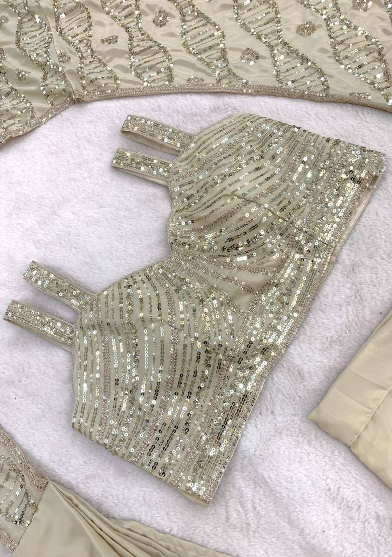 Off White Embroidery Silk Saree Set - Indya