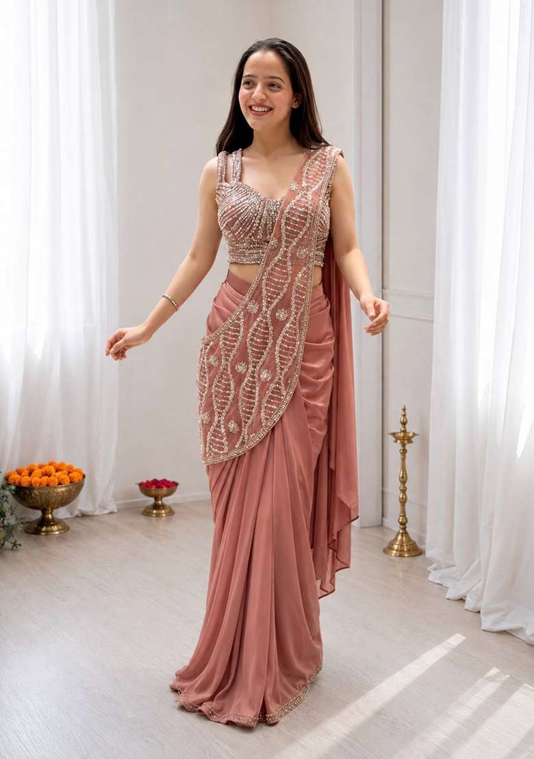 Peach Embroidery Silk Saree Set - Indya