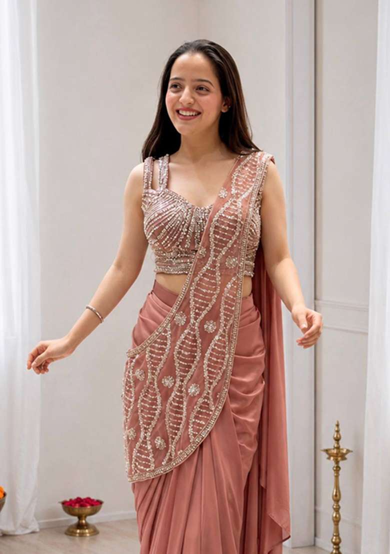 Peach Embroidery Silk Saree Set - Indya