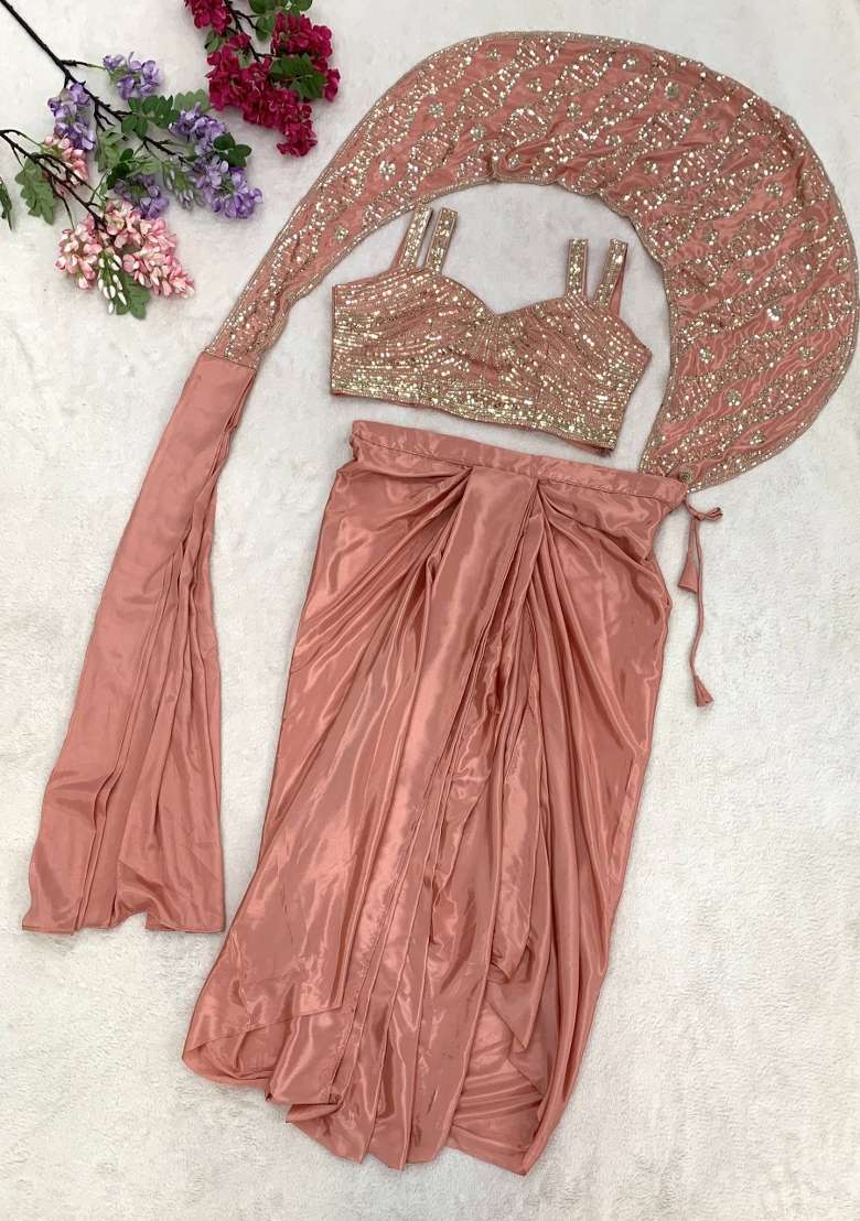 Peach Embroidery Silk Saree Set - Indya