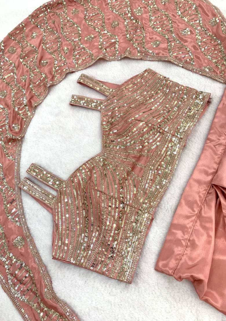 Peach Embroidery Silk Saree Set - Indya