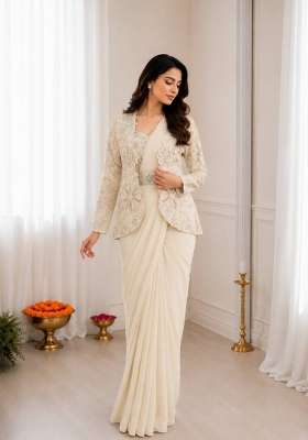Off White Embroidery Silk Saree Set