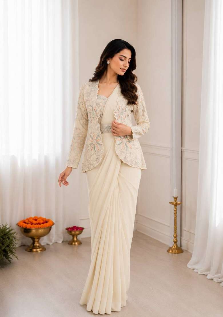 Off White Embroidery Silk Saree Set - Indya