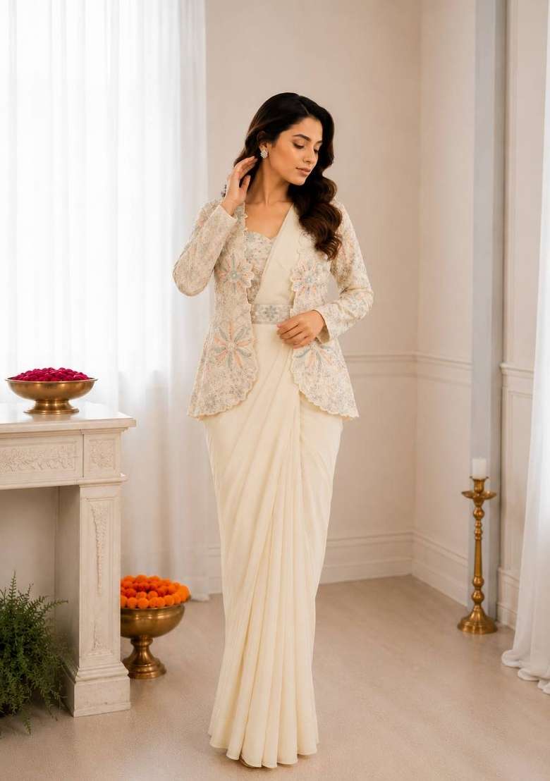 Off White Embroidery Silk Saree Set - Indya