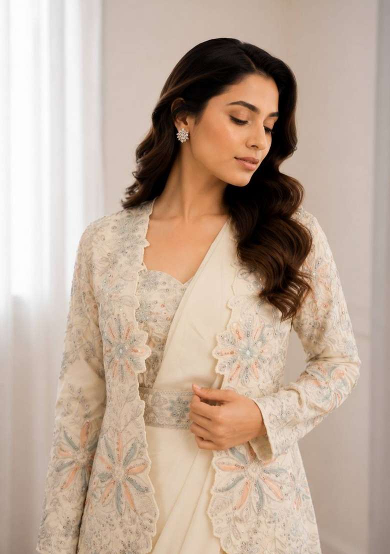 Off White Embroidery Silk Saree Set - Indya