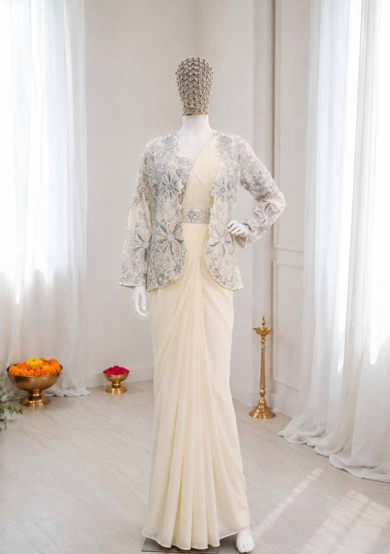 Off White Embroidery Silk Saree Set - Indya