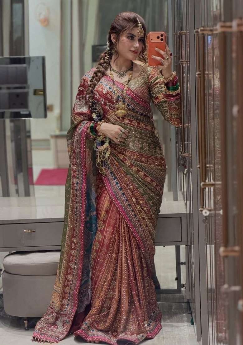 Multicolor Embroidery Satin Saree Set for Diwali and Festive Wear - Indya