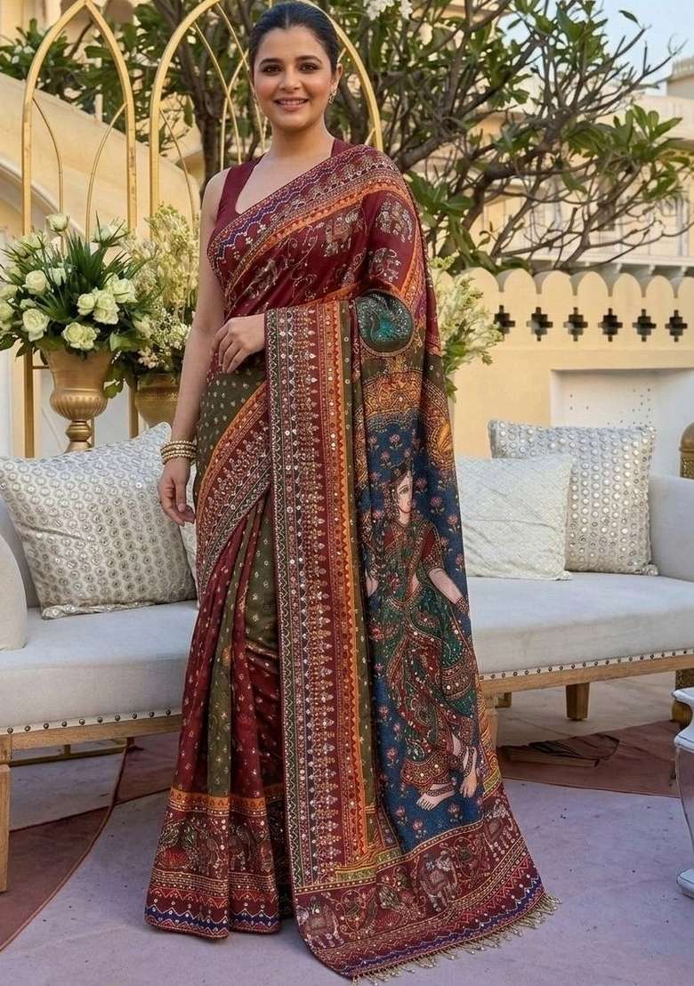 Multicolor Embroidery Satin Saree Set for Diwali and Festive Wear - Indya