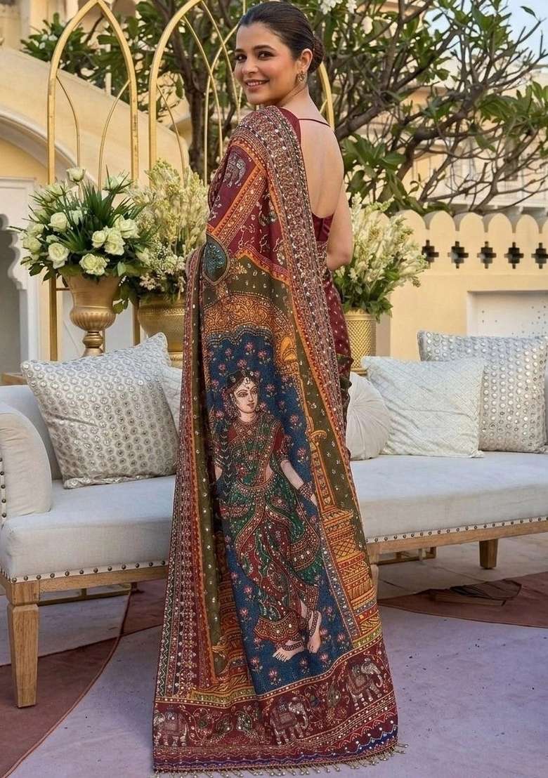 Multicolor Embroidery Satin Saree Set for Diwali and Festive Wear - Indya