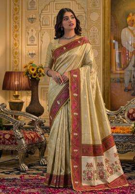 Beige Silk Jacquard Saree Set for Diwali | Wedding & Festive Wear