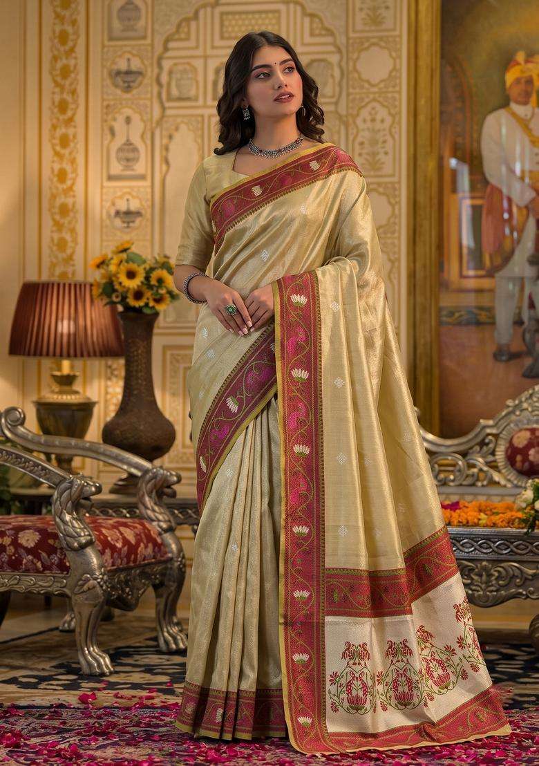 Beige Silk Jacquard Saree Set for Diwali | Wedding & Festive Wear - Indya