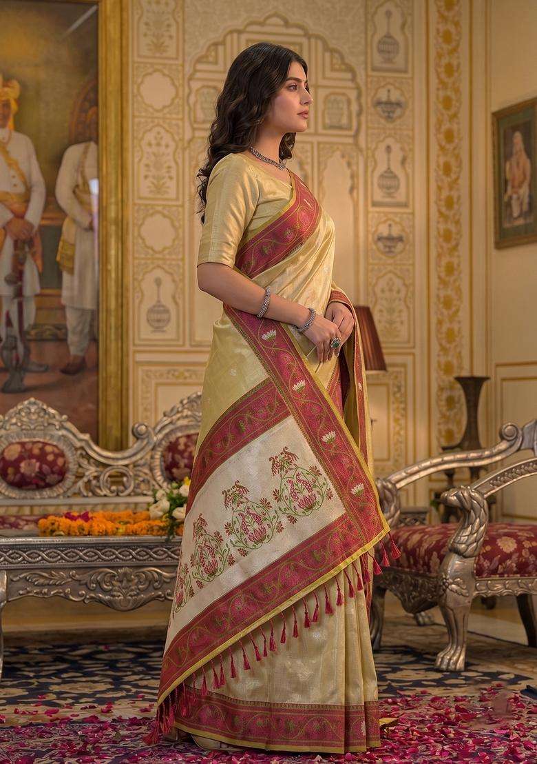 Beige Silk Jacquard Saree Set for Diwali | Wedding & Festive Wear - Indya