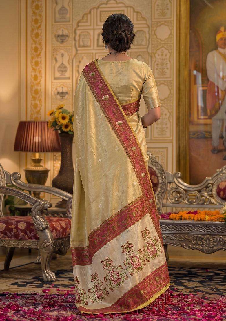 Beige Silk Jacquard Saree Set for Diwali | Wedding & Festive Wear - Indya