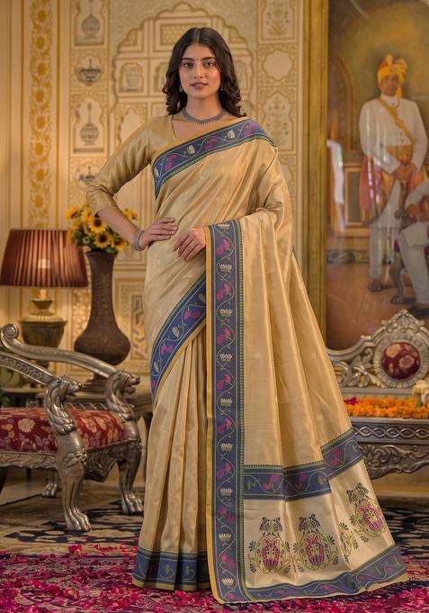 Light Golden Jacquard Silk Saree Set for Diwali and Festive Wear