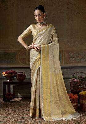 Beige Jacquard Silk Saree Set for Diwali and Festive Wear
