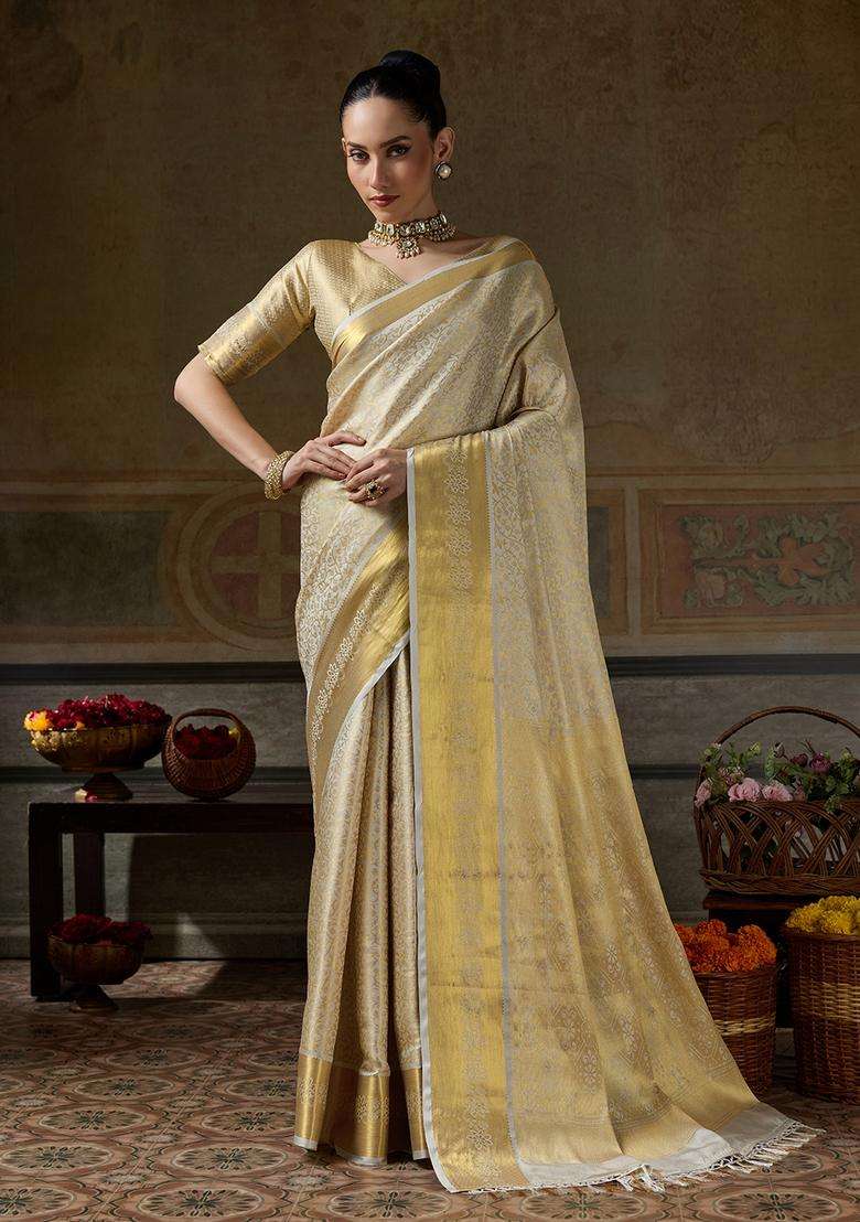 Beige Jacquard Silk Saree Set for Diwali and Festive Wear - Indya