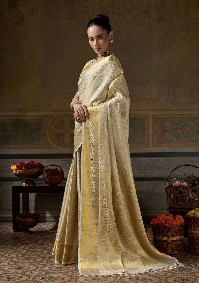 Beige Jacquard Silk Saree Set for Diwali and Festive Wear - Indya