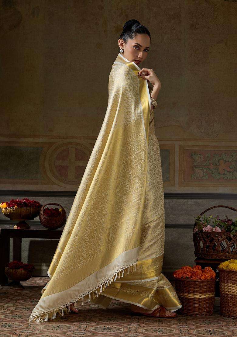 Beige Jacquard Silk Saree Set for Diwali and Festive Wear - Indya