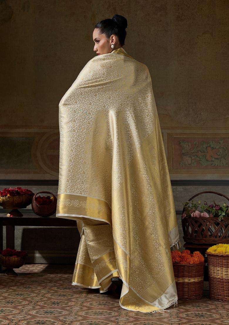 Beige Jacquard Silk Saree Set for Diwali and Festive Wear - Indya