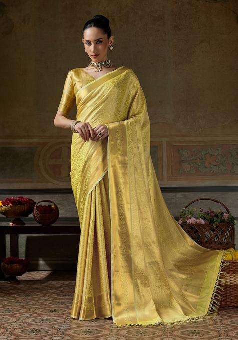 Yellow Gold Silk Jacquard Saree Set for Diwali | Wedding & Festive Wear