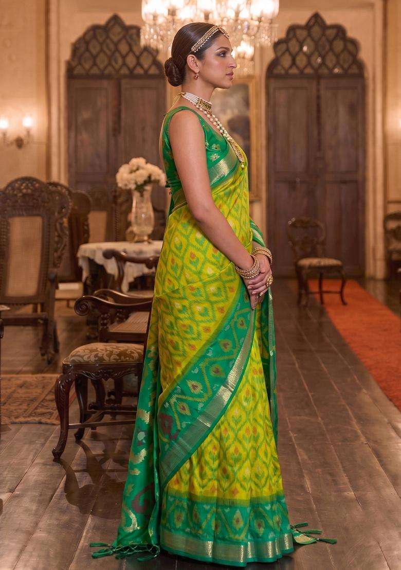Mehendi Green Jacquard Silk Saree Set for Diwali and Festive Wear - Indya