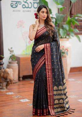 Black Jacquard Silk Saree Set for Diwali and Festive Wear