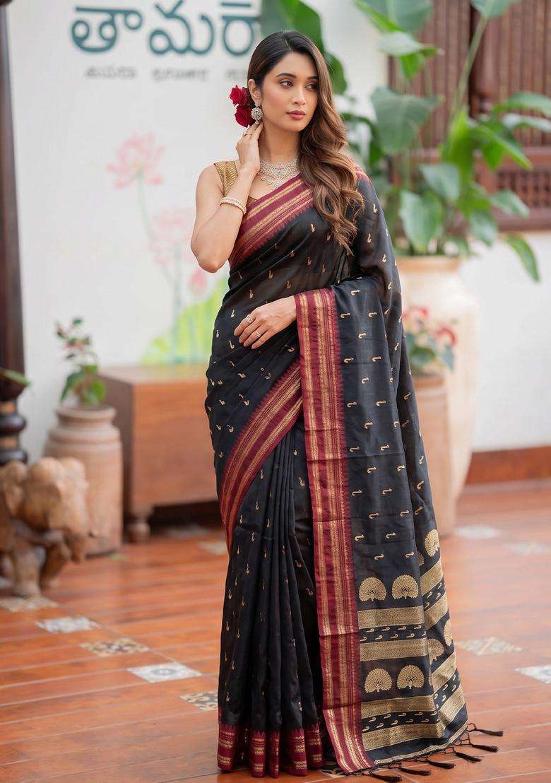 Black Jacquard Silk Saree Set for Diwali and Festive Wear - Indya