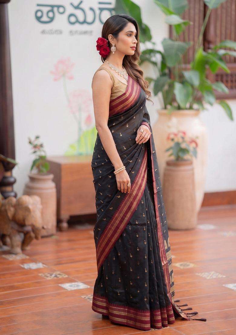 Black Jacquard Silk Saree Set for Diwali and Festive Wear - Indya