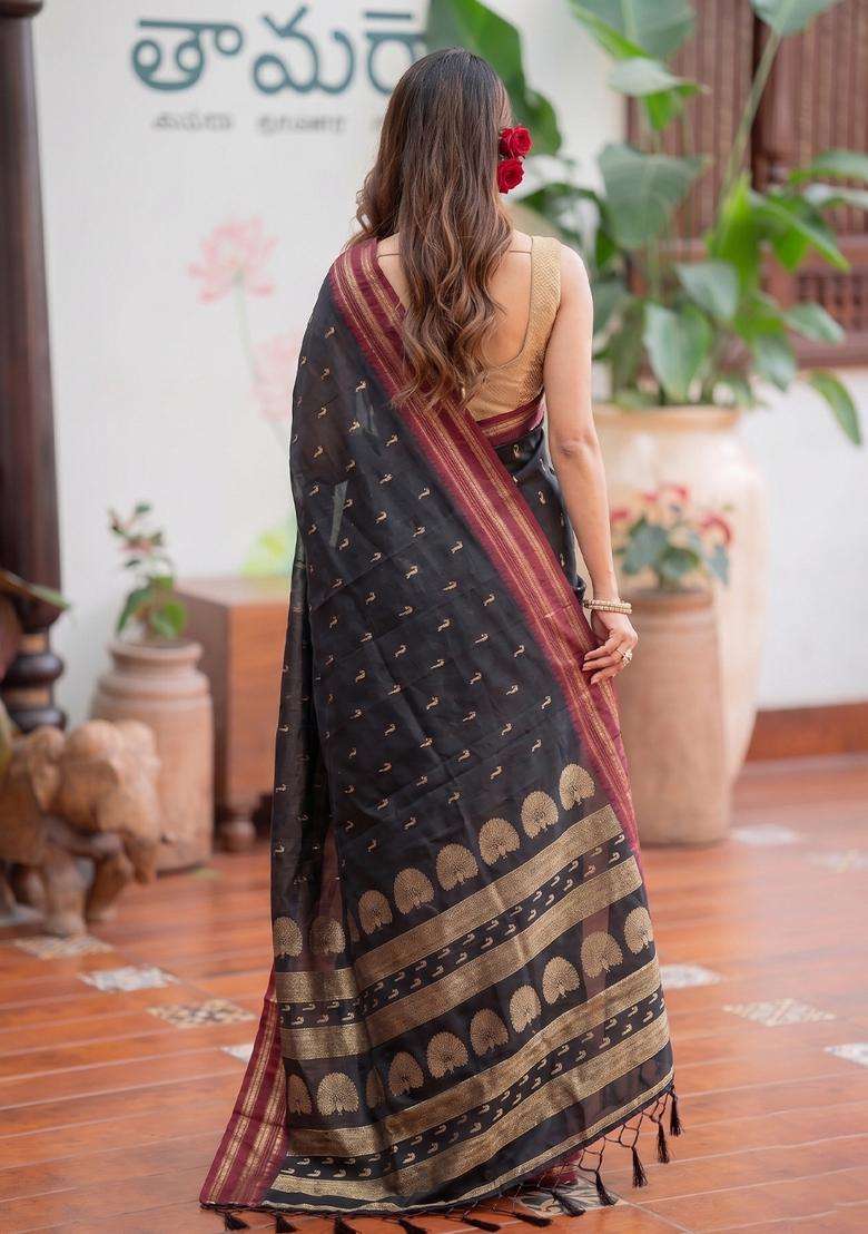 Black Jacquard Silk Saree Set for Diwali and Festive Wear - Indya