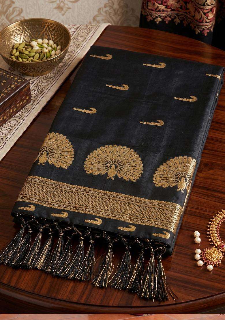 Black Jacquard Silk Saree Set for Diwali and Festive Wear - Indya