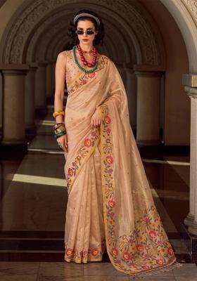 Beige Jacquard Silk Saree Set for Diwali and Festive Wear