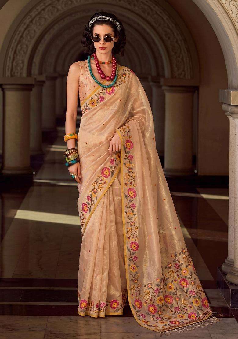Beige Jacquard Silk Saree Set for Diwali and Festive Wear - Indya