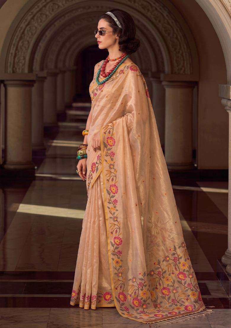 Beige Jacquard Silk Saree Set for Diwali and Festive Wear - Indya