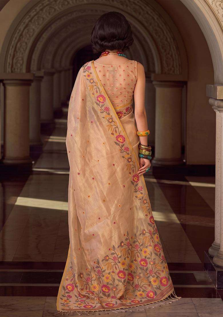 Beige Jacquard Silk Saree Set for Diwali and Festive Wear - Indya