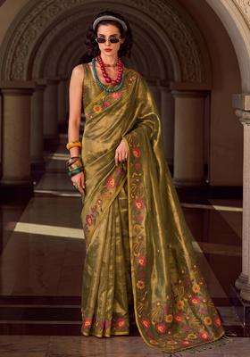 Olive Green Jacquard Silk Saree Set for Diwali and Festive Wear