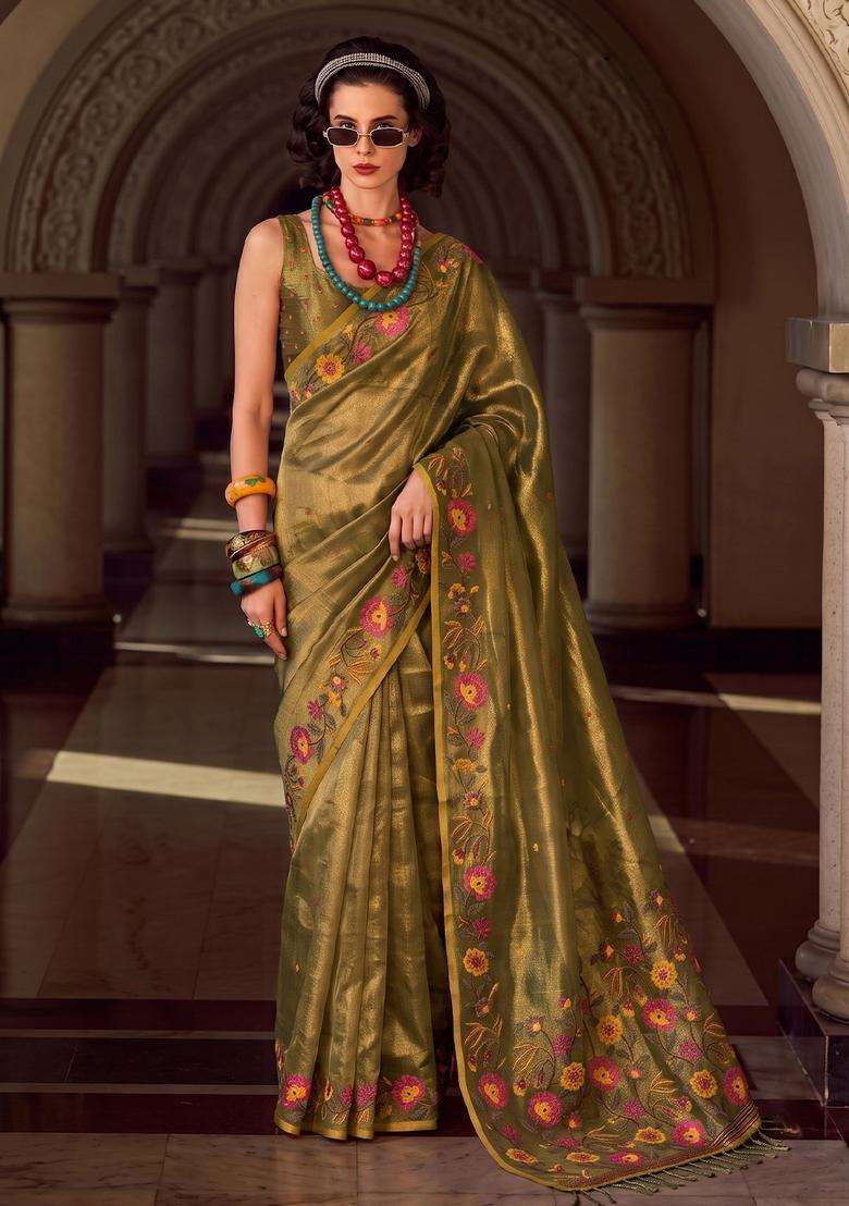 Olive Green Jacquard Silk Saree Set for Diwali and Festive Wear - Indya