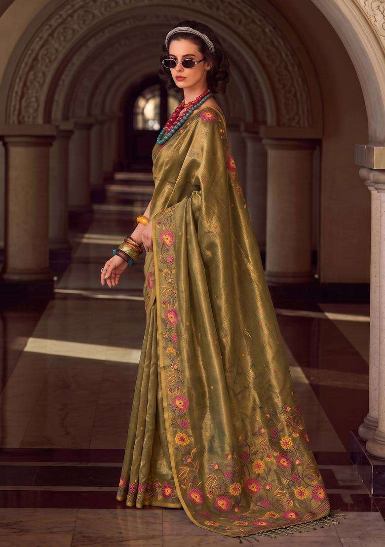 Olive Green Jacquard Silk Saree Set for Diwali and Festive Wear - Indya