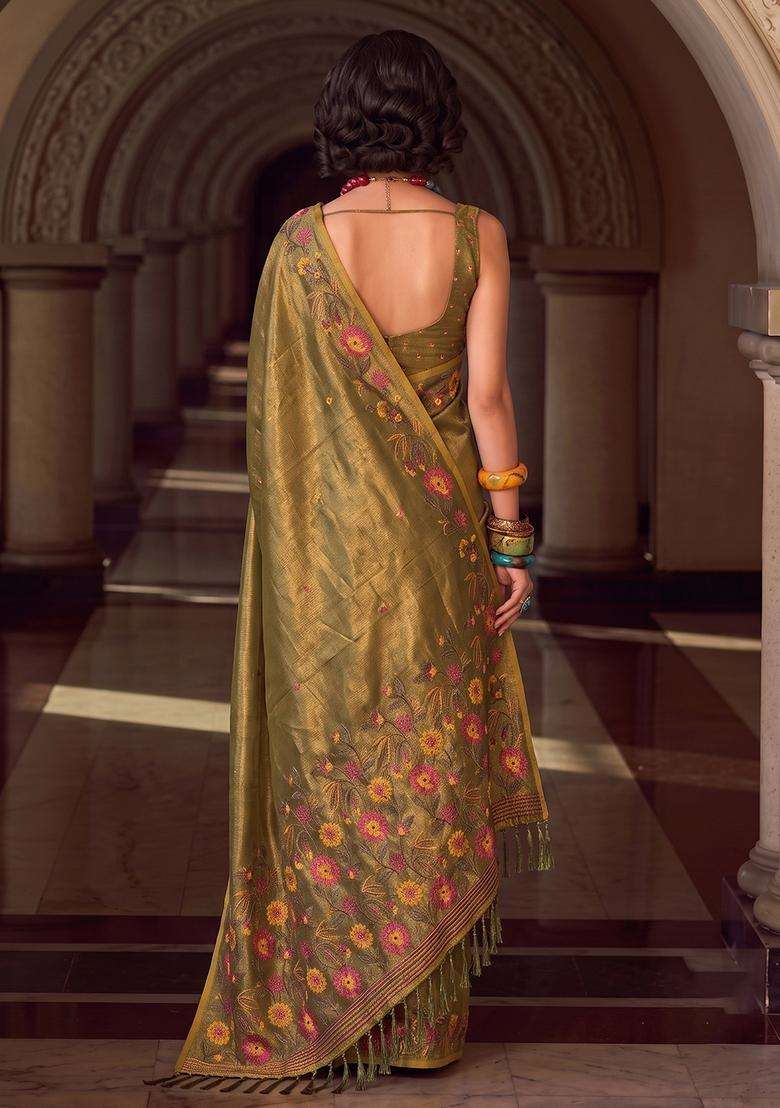 Olive Green Jacquard Silk Saree Set for Diwali and Festive Wear - Indya
