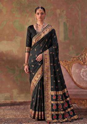 Black Jacquard Silk Saree Set for Diwali and Festive Wear