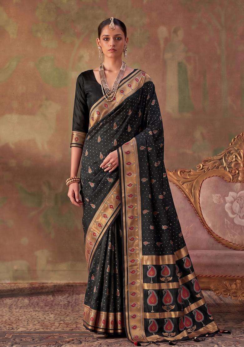 Black Jacquard Silk Saree Set for Diwali and Festive Wear - Indya