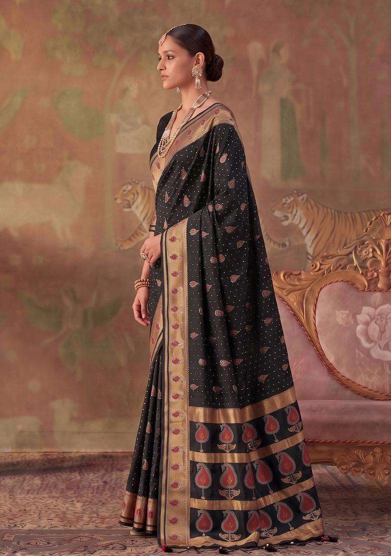 Black Jacquard Silk Saree Set for Diwali and Festive Wear - Indya