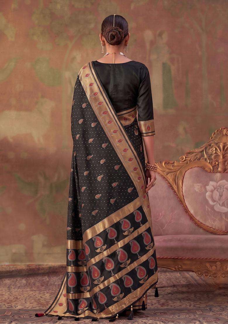 Black Jacquard Silk Saree Set for Diwali and Festive Wear - Indya