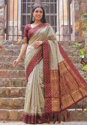 Chiku With Red Jacquard Cotton Saree Set for Diwali | Wedding & Festive Wear