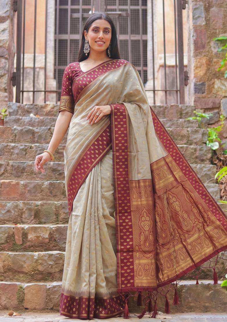 Chiku With Red Jacquard Cotton Saree Set for Diwali | Wedding & Festive Wear - Indya